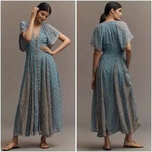 New Anthropologie Maeve Pleated Floral Maxi Dress Blue 4